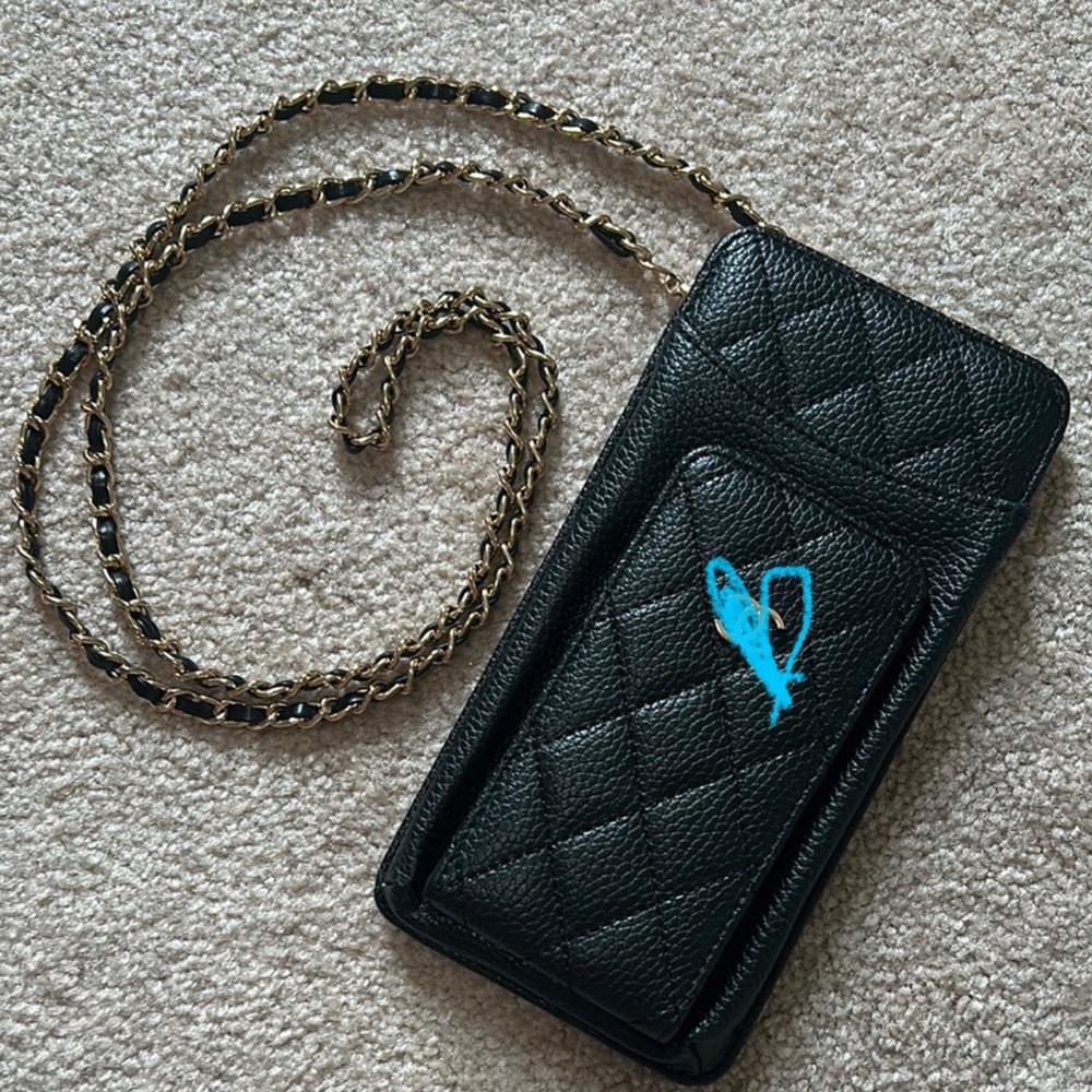 Black Quilted Leather Phone Holder with Gold Chain